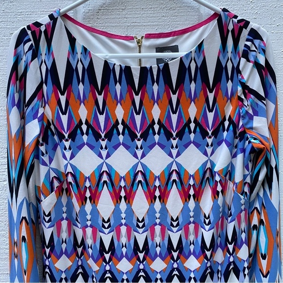 Vince Camuto Size 8 Dress Mod Geometric Print Lined Colorful Shift Dress Stretch - Picture 2 of 12